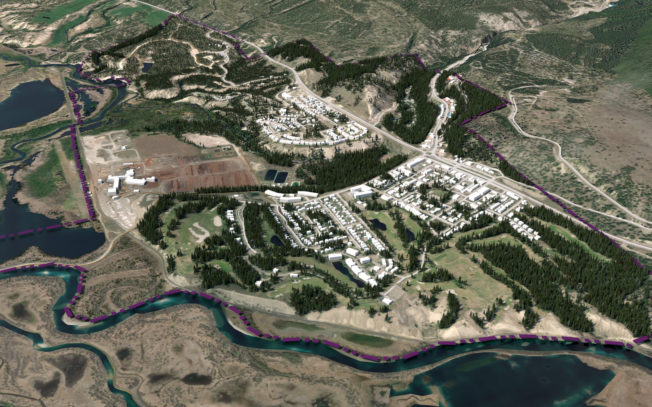 Aerial view of a mountain community with planning boundaries overlaid